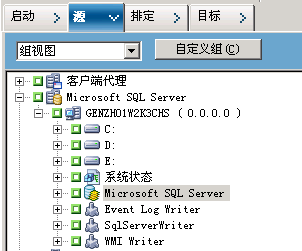 备份管理器的“源”选项卡。 从源中排除了 CA ARCserve Backup 数据库。