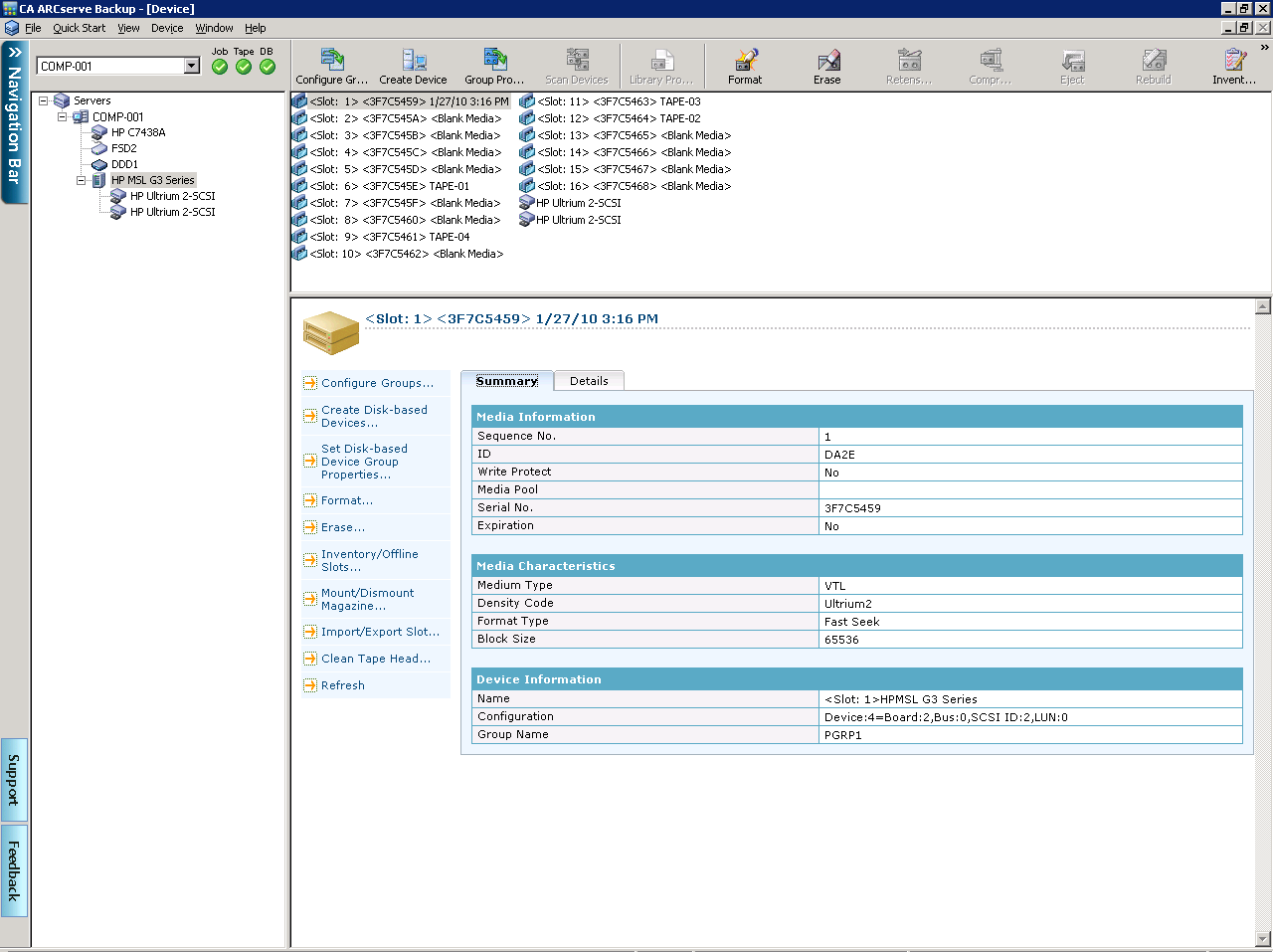 设备管理器窗口。 显示有关介质的摘要信息。