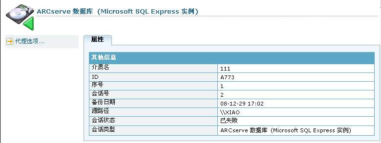 还原管理器 - ARCserve 数据库属性