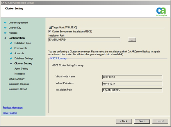 安装程序：“群集设置”对话框。