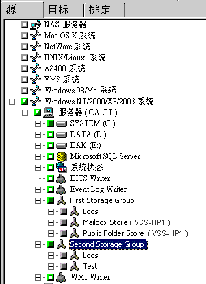 在存储组旁边显示绿色标记表示选定状态。