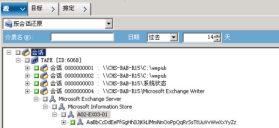 已选定按会话还原类型的“源”选项卡。
