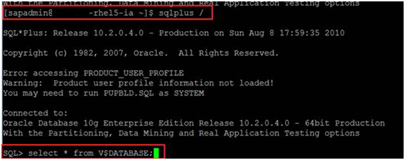 登入 SAP 資料庫以驗證帳戶可以存取 Oracle 資料庫。