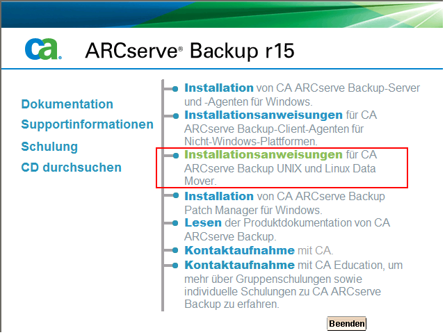 Installations-Browser Installationsanweisungen für UNIX- und Linux-Data Mover werden hervorgehoben.