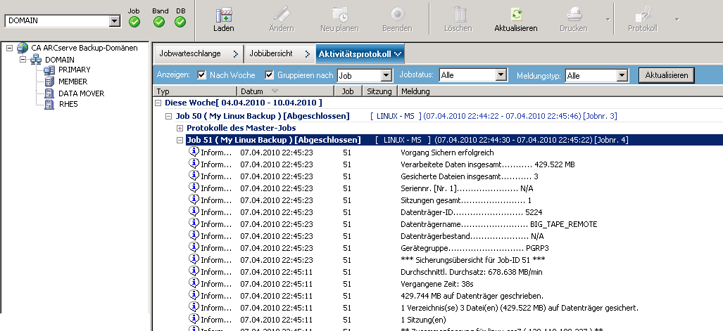 Jobstatus-Manager Ein Data Mover-Server ist ausgewählt und enthält Einzelheiten zu Jobs auf der Registerkarte "Aktivitätsprotokoll".