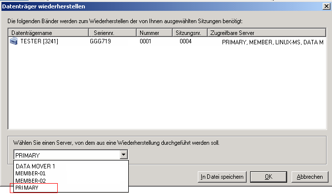 Dialogfeld "Datenträger wiederherstellen" In der Drop-down-Liste "Wählen Sie einen Server, von dem aus eine Wiederherstellung durchgeführt werden soll." wird eine Liste von Sicherungsservern angezeigt.