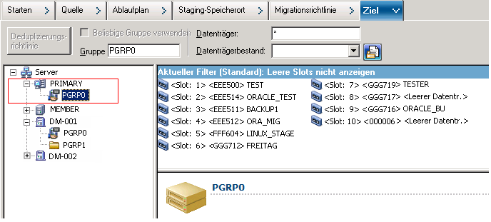 Registerkarte "Ziel" des Sicherungs-Managers. Der ausgewählte Datenträger ist dem am Primärserver angeschlossenen Gerät zugeordnet.