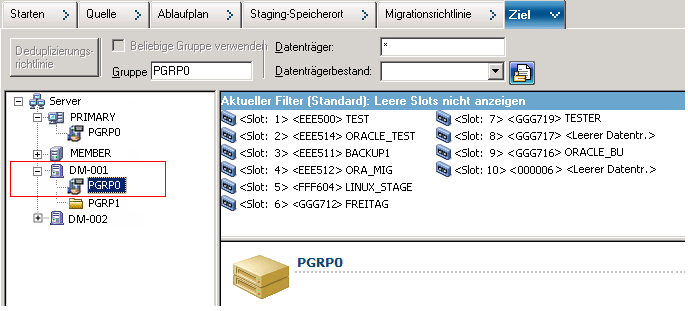 Registerkarte "Ziel" des Sicherungs-Managers. Der ausgewählte Datenträger ist dem am Data Mover-Server angeschlossenen Gerät zugeordnet.