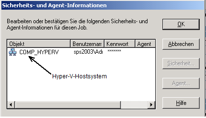 Dialogfeld "Sicherheit und Agent". Anmelden beim Hyper-V-Hostsystem