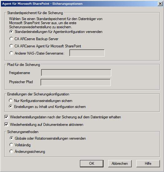 Dialogfeld "Sicherungsoptionen" für Agent für Microsoft SharePoint