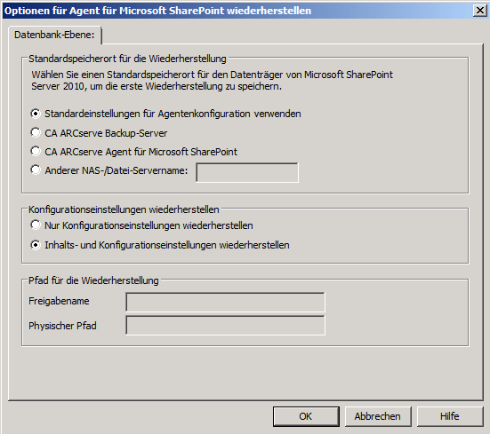 Wiederherstellungsoptionen des Agenten in Microsoft SharePoint