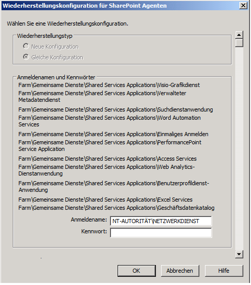 Dialogfeld "Konfigurationseinstellungen wiederherstellen" in SharePoint Server