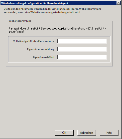 Dialogfeld "Wiederherstellungskonfiguration für Agent" in Microsoft SharePoint