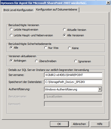 Dialogfeld "Wiederherstellungsoptionen für Agent für Microsoft SharePoint 2007"