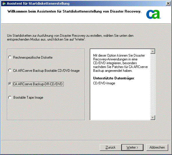 Erstellen von CA Bootable Tape-Image für Windows 2003