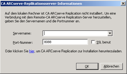 Dialogfeld "CA ARCserve-Replikationsserver-Information".