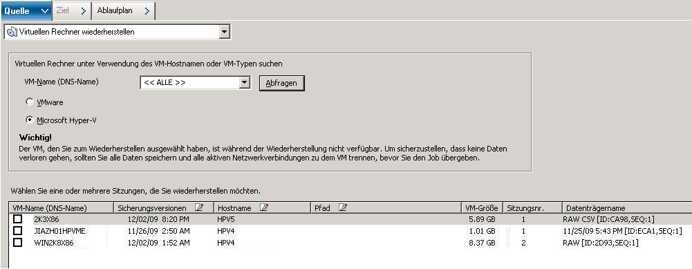 Bildschirm "VM wiederherstellen" des Wiederherstellungs-Managers.