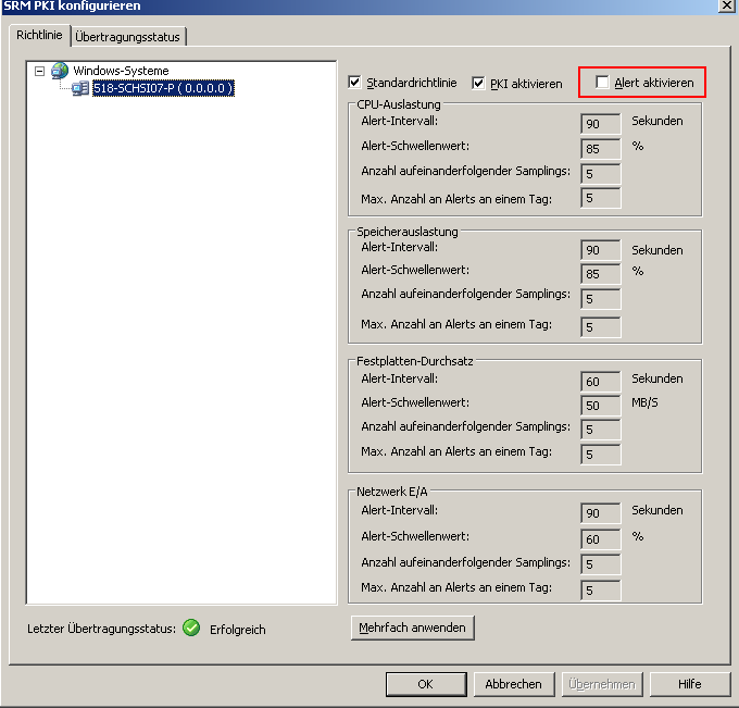 Dialogfeld "SRM PKI konfigurieren" Die Option "Alert aktivieren" ist hervorgehoben.