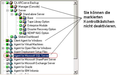 Komponenten-Dialog: Der Agent für Microsoft SQL Server ist hervorgehoben. Sie können das Kontrollkästchen nicht deaktivieren.