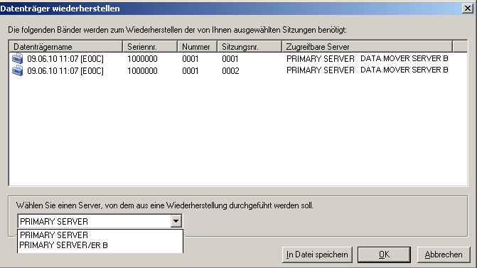 Dialogfeld "Datenträger wiederherstellen" Sie können die Daten, die auf den gemeinsam verwendeten Geräten im SAN gesichert wurden, direkt vom Primärserver oder vom Data Mover-Server B aus wiederherstellen.