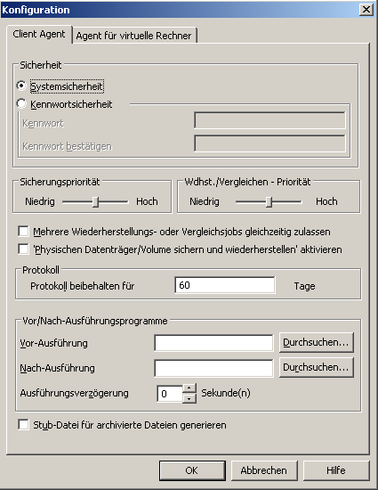 Fenster mit der Konfiguration des Backup Agent
