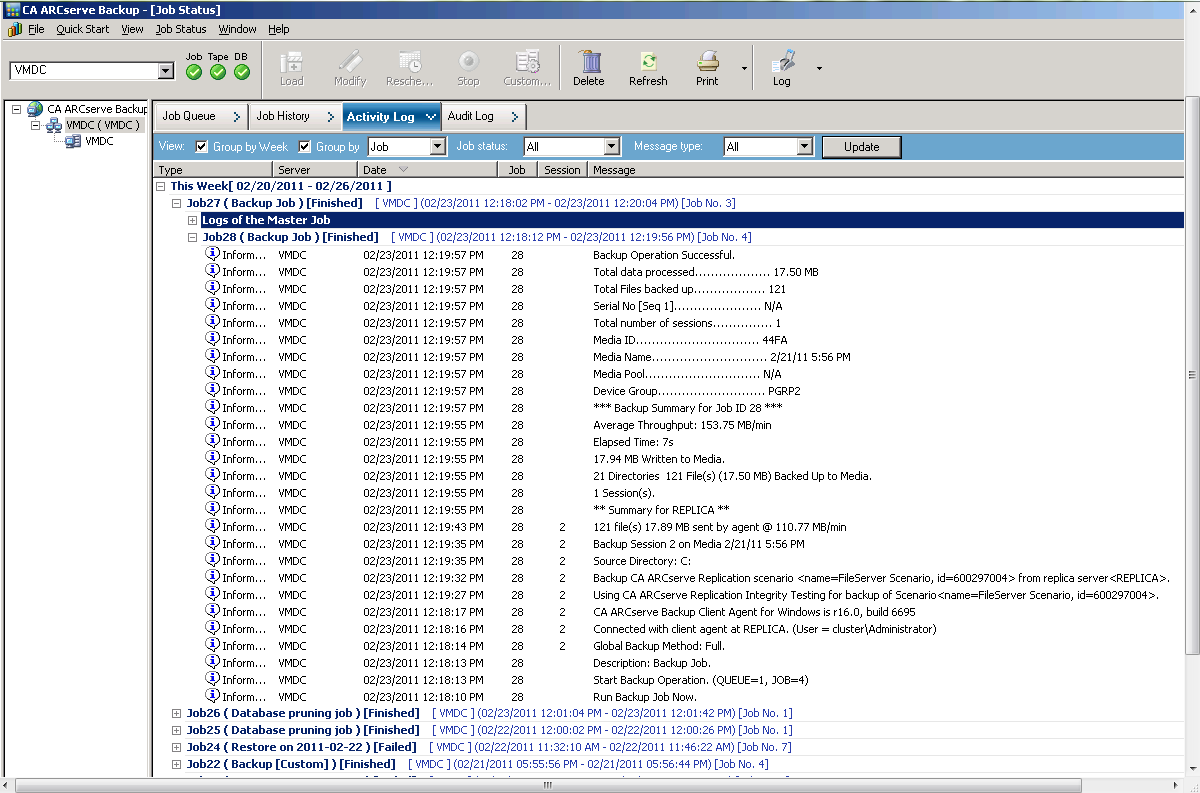 Das Aktivitätsprotokoll spiegelt CA ARCserve Replications-Vorgänge im Zusammenhang mit dem Erstellen, Löschen oder Ändern von Szenariodatensätzen in der CA ARCserve Backup-Datenbank wider.