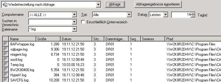 Ergebnisse der Wiederherstellung nach Abfrage für ein NAS-Gerät.