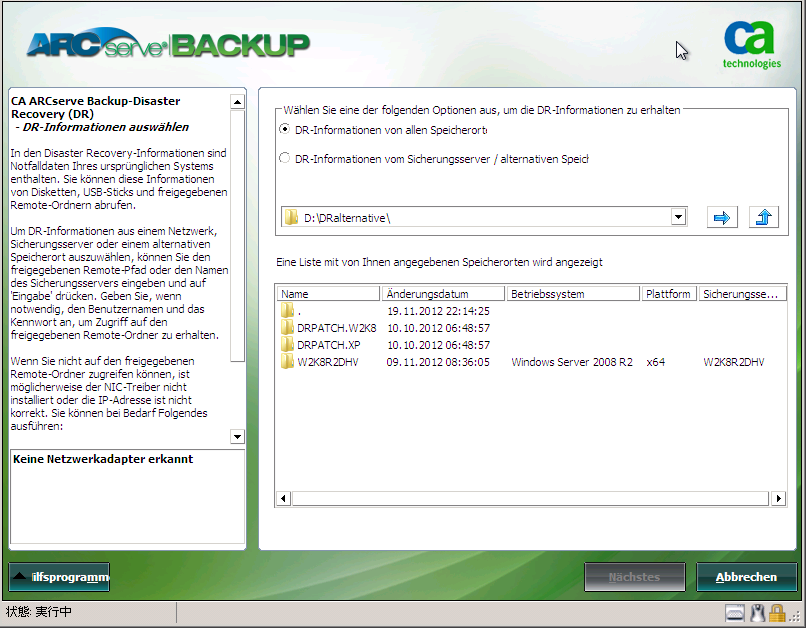 Windows PE Disaster Recovery - Fenster "DR-Informationen auswählen".