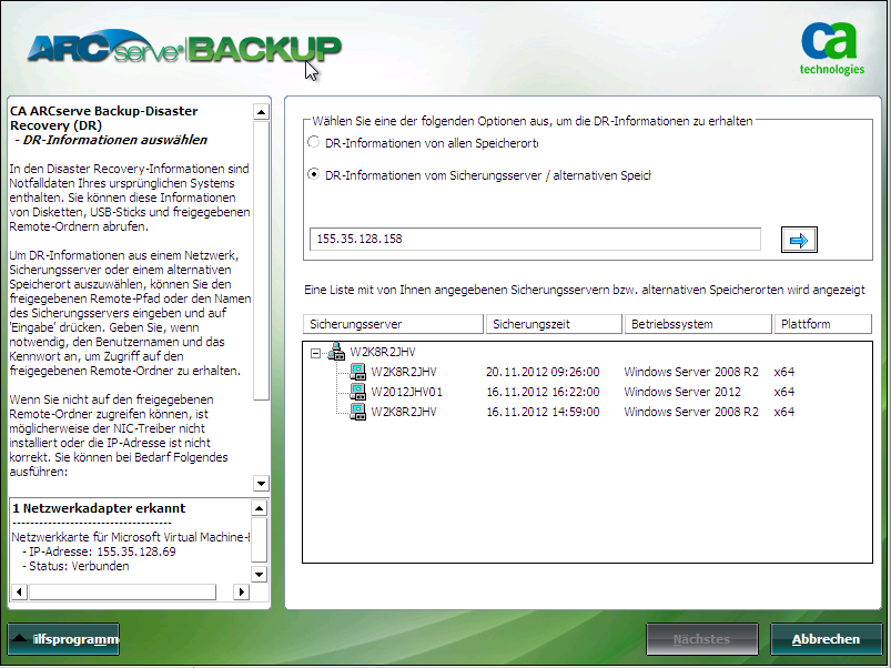 Windows PE Disaster Recovery - Fenster "DR-Informationen auswählen".