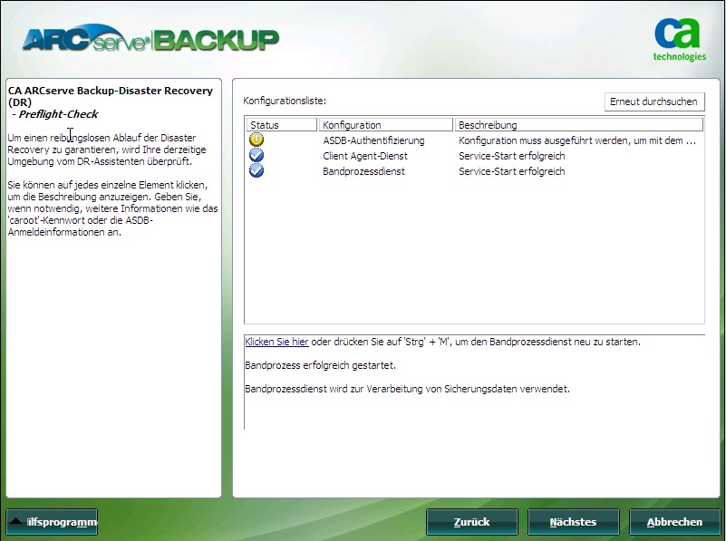 Windows PE Disaster Recovery - Fenster "Preflight-Check".