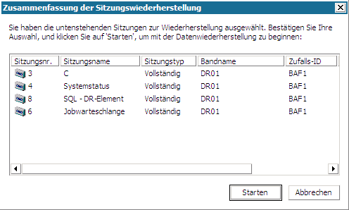 Windows PE Disaster Recovery - Fenster "Sitzungswiederherstellung".