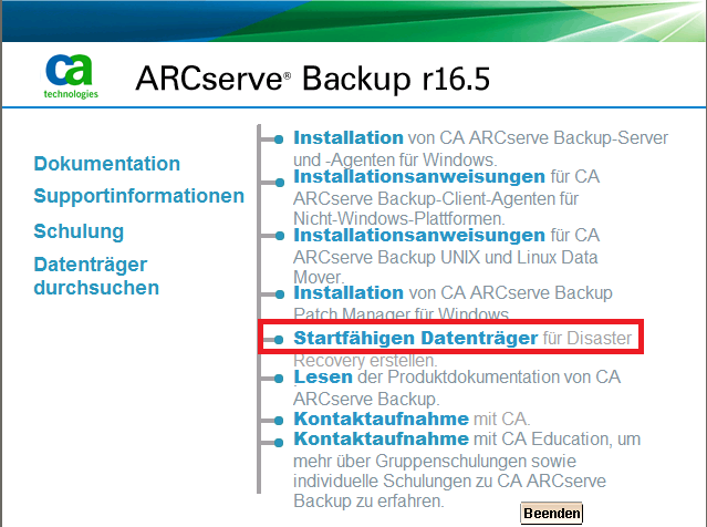 Assistent für Bootkit-Erstellung - CA ARCserve Backup-Installationsdatenträger