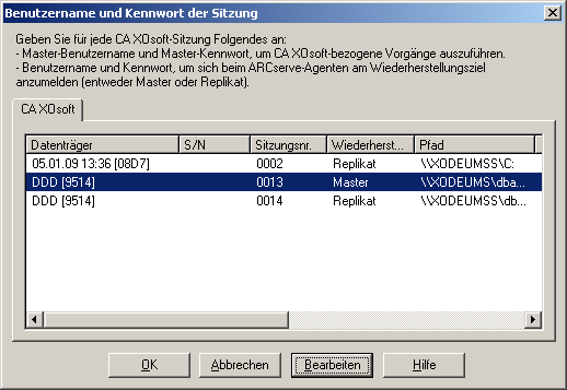 Wiederherstellung nach Sitzung – Dialogfeld "Benutzername und Kennwort der Sitzung"