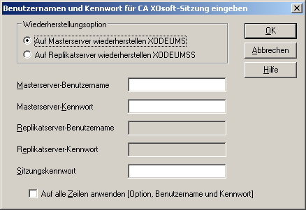 Wiederherstellung nach Sitzung – Dialogfeld "Benutzernamen und Kennwort für CA ARCserve Replication-Sitzung eingeben"