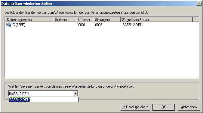 Dialogfeld "Datenträger wiederherstellen": Dropdownliste SAN-Serverwiederherstellung