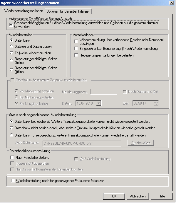 Auf die Agent-Wiederherstellungsoptionen können sie über den CA ARCserve Backup-Wiederherstellungs-Manager zugreifen.