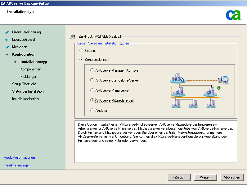 Setup: Installationstyp – Eigenständiger ARCserve-Server.