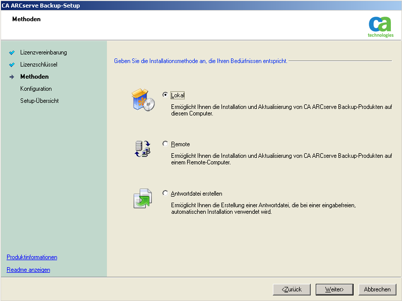 Setup: Dialogfeld "Methoden". Die Methode "Lokale Installation" wird angegeben.