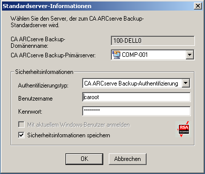 Dialogfeld "Standardserver-Informationen"