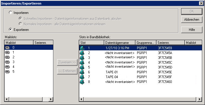 Dialogfeld "Importieren/Exportieren". "Importieren" und "Schnelles Importieren" sind angegeben.