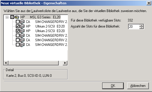 Dialogfeld "Neue virtuelle Bibliothek - Eigenschaften". Geräte werden in der Liste der verfügbaren Geräte angezeigt.