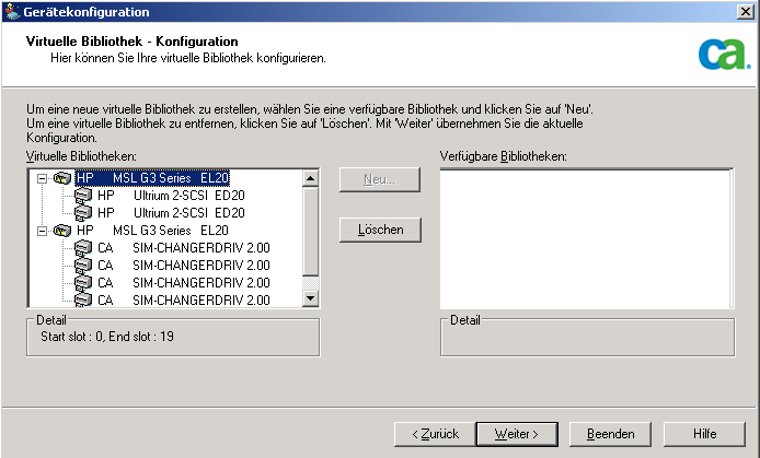 Gerätekonfiguration.  Dialogfeld "Virtuelle Bibliothek - Konfiguration". Die verfügbaren Bibliotheken werden im Feld "Virtuelle Bibliotheken" angezeigt.