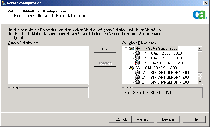 Gerätekonfiguration - Dialogfeld "Virtuelle Bibliothek - Konfiguration".
