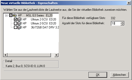 Dialogfeld "Neue virtuelle Bibliothek - Eigenschaften". Ein Gerät ist angegeben. Das Dialogfeld zeigt die Anzahl verfügbarer Slots für das angegebene Gerät an.