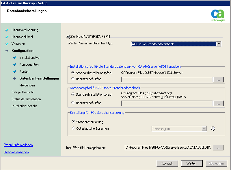 Setup: Dialogfeld "Datenbankeinstellungen"