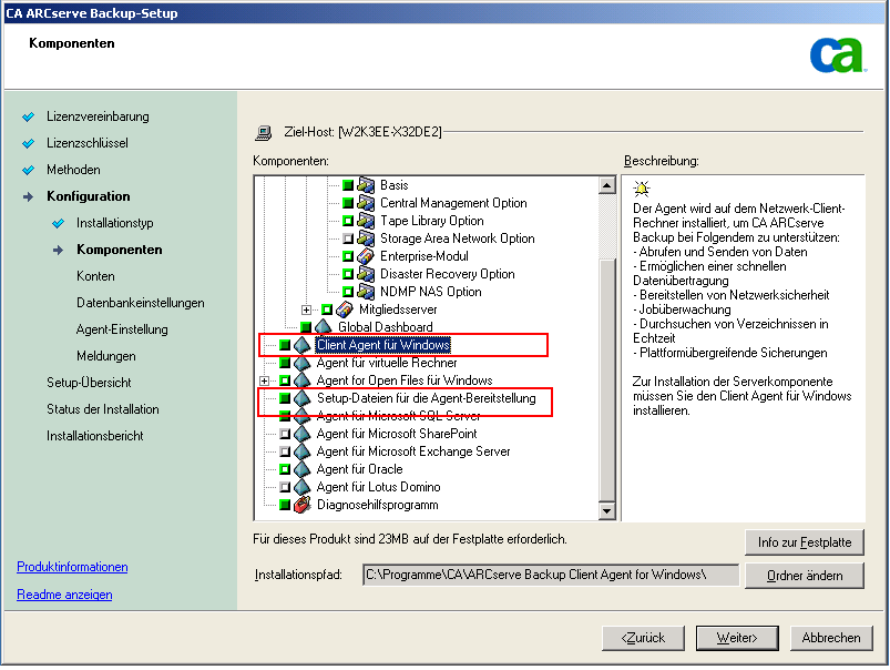 Setup: Dialogfeld "Komponenten" – Client Agent für Windows und Agent-Bereitstellungspakete werden hervorgehoben.