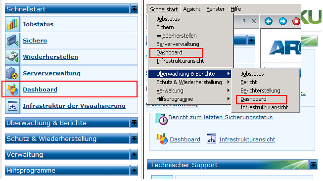 Öffnen des Dashboards über das Menü "Schnellstart".