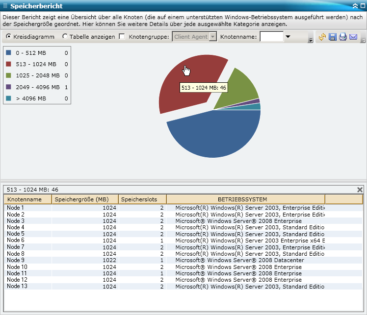 Speicherbericht – Kreisdiagramm mit Drilldown-Funktion