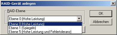 Dialogfeld "RAID-Gerät erstellen" Ebene 0 (Hochleistung) ist ausgewählt.