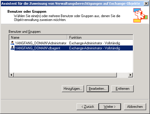 Exchange-Assistent für Verwaltungsdelegierung mit Anzeige der Benutzer und Gruppen